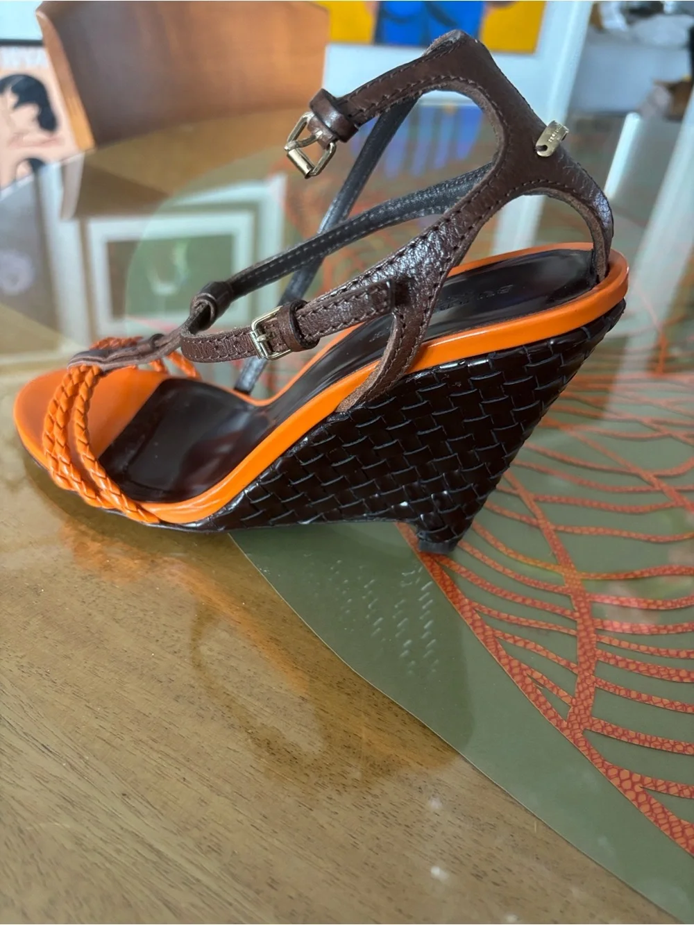 Burberry Orange and Brown Braided Leather Wedge Sandal